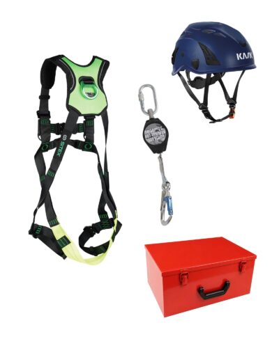 Profi Sicherheitsset für Hebebühnen Plus Top - Komplettset mit Pro Comfort Auffanggurt, KASK SUPERPLASMA AQ CE Schutzhelm & Stahlblechkiste | EN 360, EN 361, EN 397 & EN 12492