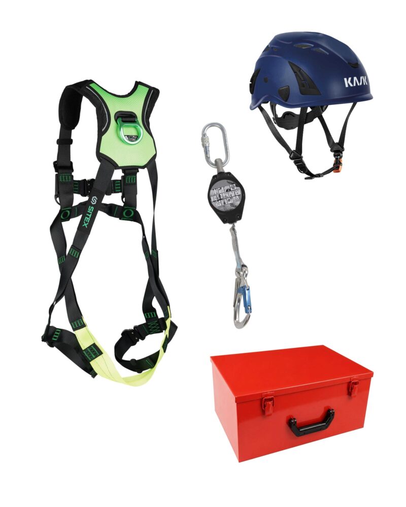 Profi Sicherheitsset für Hebebühnen Plus Top - Komplettset mit Pro Comfort Auffanggurt, KASK SUPERPLASMA AQ CE Schutzhelm & Stahlblechkiste | EN 360, EN 361, EN 397 & EN 12492