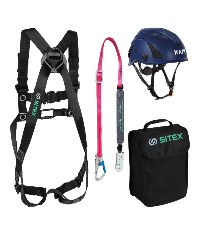 Eco Sicherheitsset für Hebebühne Plus – Auffanggurt SX 20 + Verbindungsmittel 1,8 m mit Bandfalldämpfer + KASK SUPERPLASMA AQ CE + Geräterucksack, EN 397, EN 12492, EN 361